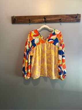BUCKETLIST Multicolor Floral and Colorblock V-Neck Blouse